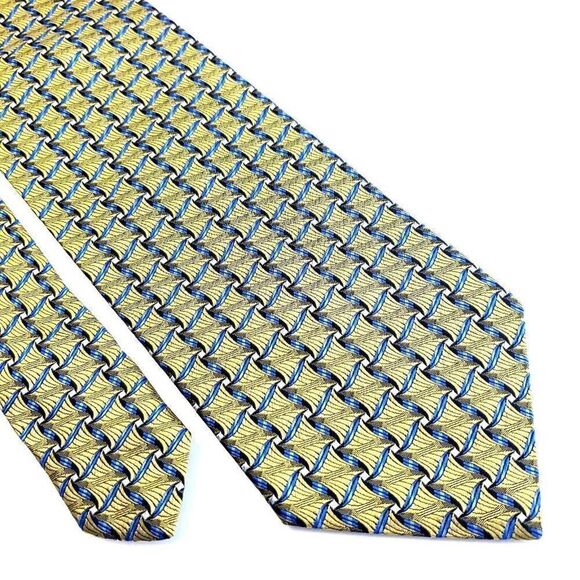 Pronto Uomo Yellow Blue Geometric‎ Woven Italian Wide Silk Tie - Picture 1 of 6